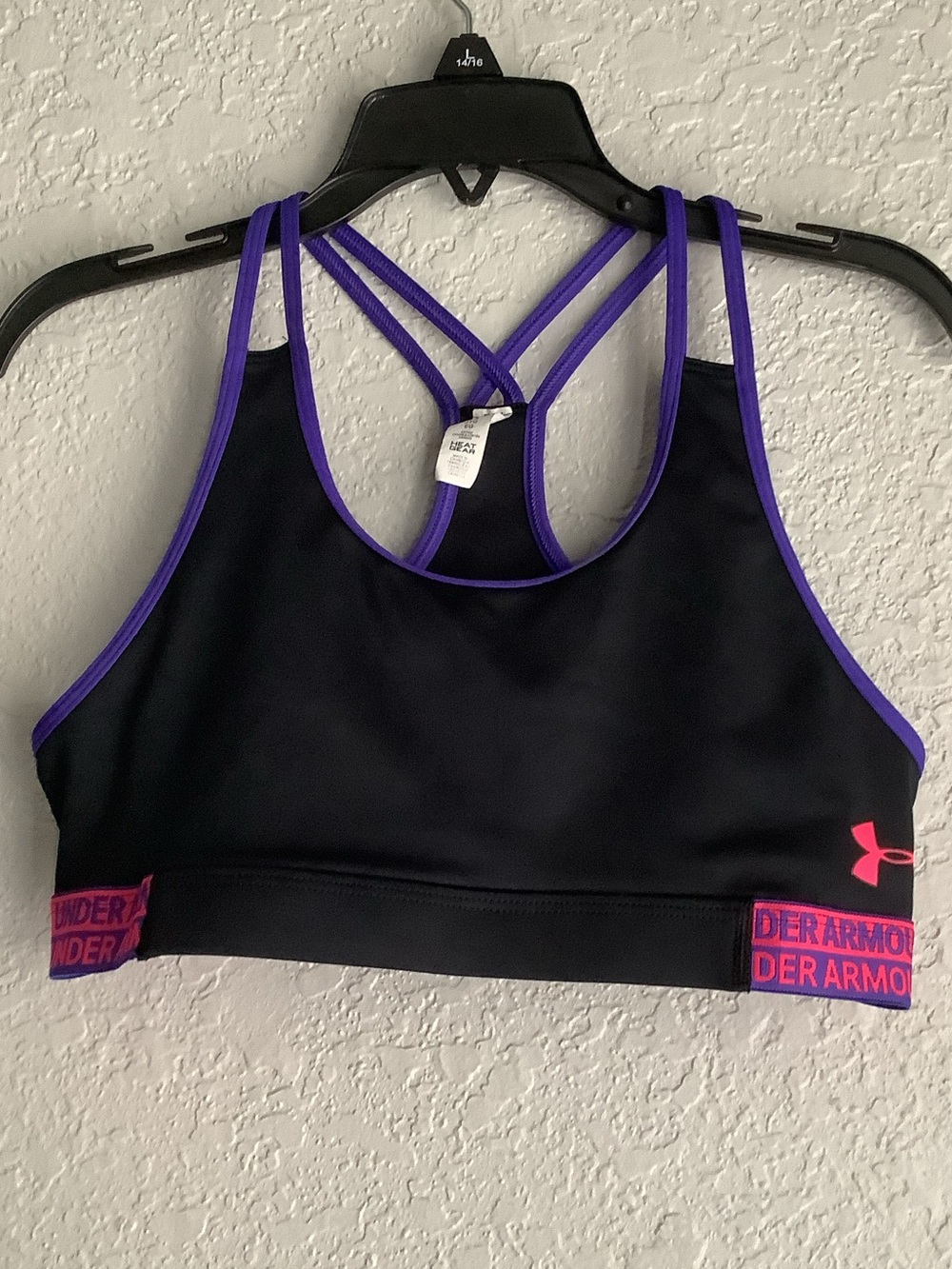 Under Armour Black Sports Bra with Purple Trim and Pink Logo Band